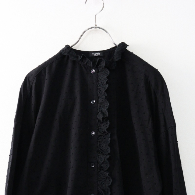 美品 2024AW マーブルシュッド marble SUD レース スタンドフリルシャツ ブラック/黒 フロッキードット ブラウス【2400014445176】 美品 2024AW マーブルシュッド marble SUD レース スタンド