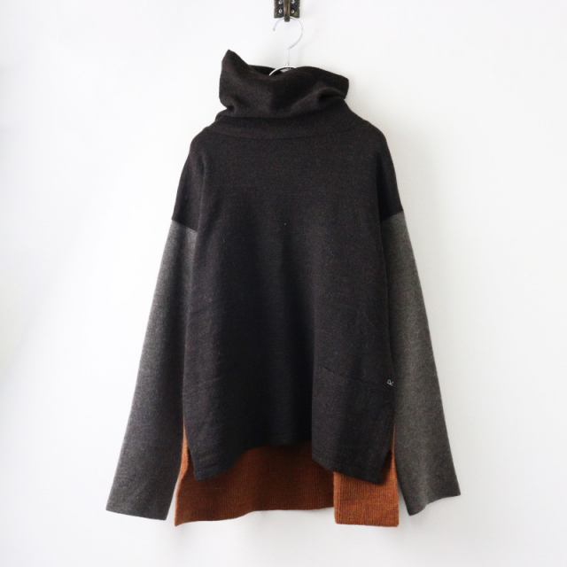 美品✨45R フーデット ダッフル ポンチョ コート ニットポケット　ボーダー 美品 45R タートルネックポンチョ （美品 定価53900円