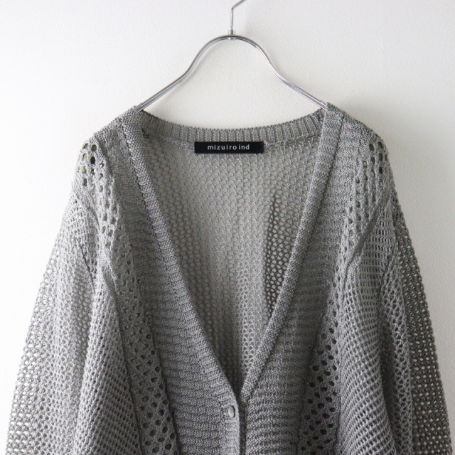 美品 ミズイロインド mizuiro ind mesh pattern メッシュパターン カーディガン /グレー 羽織り Ｖネック 透かし編み【2400014501285】 美品 ミズイロインド mizuiro ind mesh pattern メッシュ