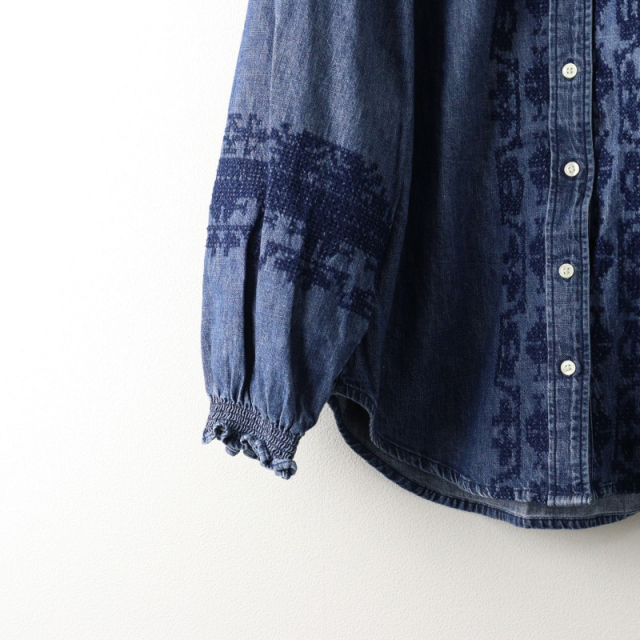 美品 ローレンラルフローレン ノーカラーデニム刺繍ブラウス バンド