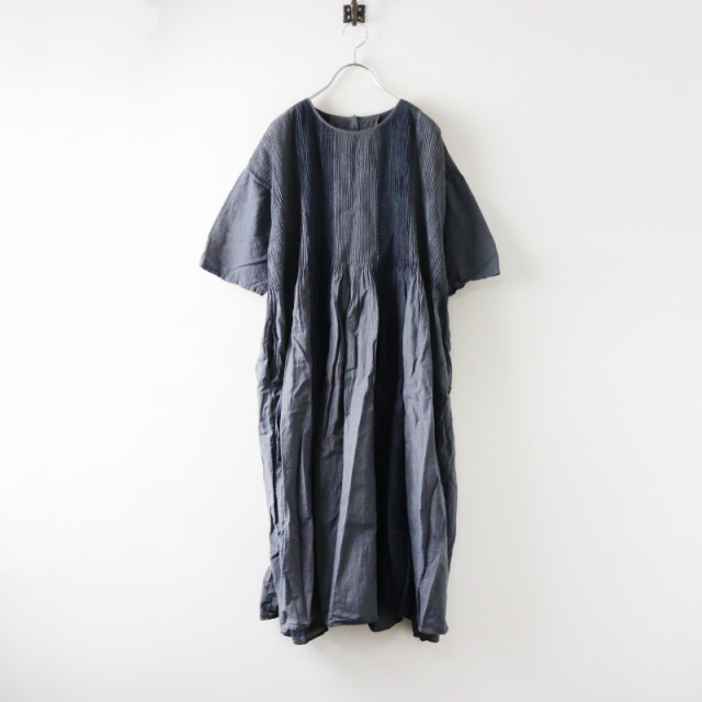 メゾンドソイルmaison de soil 新品ギャザーワンピース黒ドレス maison de soil ~80's LINEN PATCH WORK (CHARCOAL & SMOKE GREY