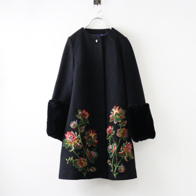美品 ロイスクレヨン 花柄 刺繍 コート ライナー付き 黒 M 250216t-20_1.jpg