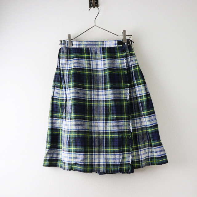 極美品【O'NEIL OF DUBLIN】チェック プリーツスカート グリーン オニールオブダブリン O'NEIL of DUBLIN リネン チェック