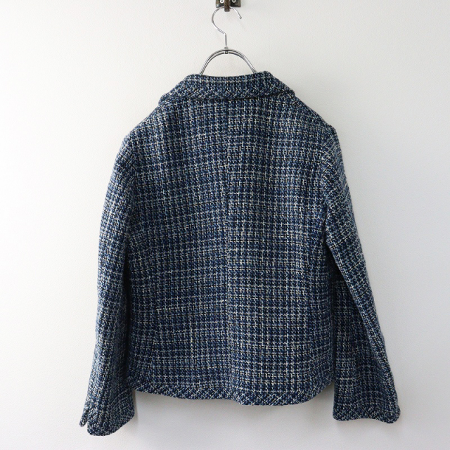ツイードジャケット　ネイビー　M ビジネスからセレモニーまで】ツイードノーカラージャケット 紺