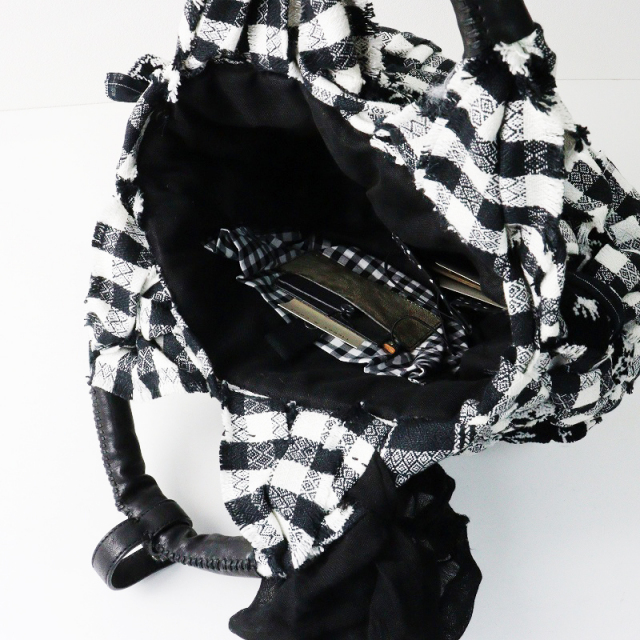 美品 エバゴス ebagos リネンギンガムチェック シェニール織り ポニー
