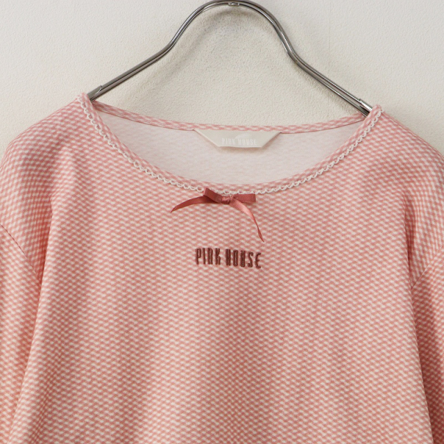 極美品 ピンクハウス PINK HOUSE 袖ピコフリルチェックカットソー 4（L)＼ピンク Tシャツ コットン ロゴ リボン【2400014891959】 極美品 ピンクハウス PINK HOUSE 袖ピコフリルチェックカットソー 4（L