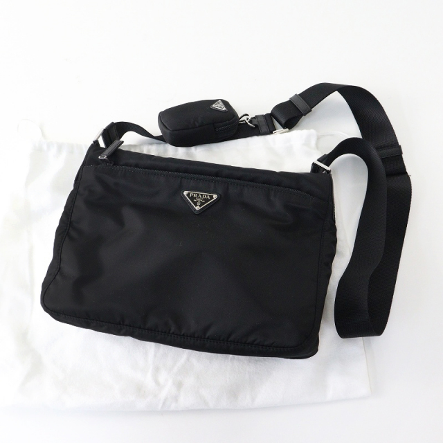 美品 プラダ PRADA Re-Nylon サフィアーノレザー ポーチ付き リナイロン ショルダーバッグ ブラック┃黒 クロスボディ【2400014891072】 美品 プラダ PRADA Re-Nylon サフィアーノレザー ポーチ付き