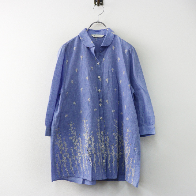 美品 コットンハウスアヤ Cotton House Aya ボタニカル刺繍 コットンリネンラミー丸衿シャツ M ブルー┃ブラウス【2400014923728】 美品 コットンハウスアヤ Cotton House Aya ボタニカル刺繍 コットン