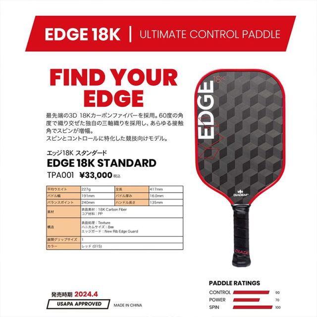 『1年保証』 DIADEM Edge TPA001 レッド ピックルボールパドル Standard 18K ラケット(軟式用)