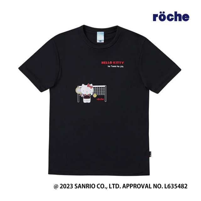 【ポスト投函対応】サンリオキャラクターズ rocheコラボTシャツ  ブラック　S0005　ユニセックス　2024SS　抗菌・防臭　吸汗速乾　UV(UPF50)　テニスウェア　バドミントン　ソフトテニス