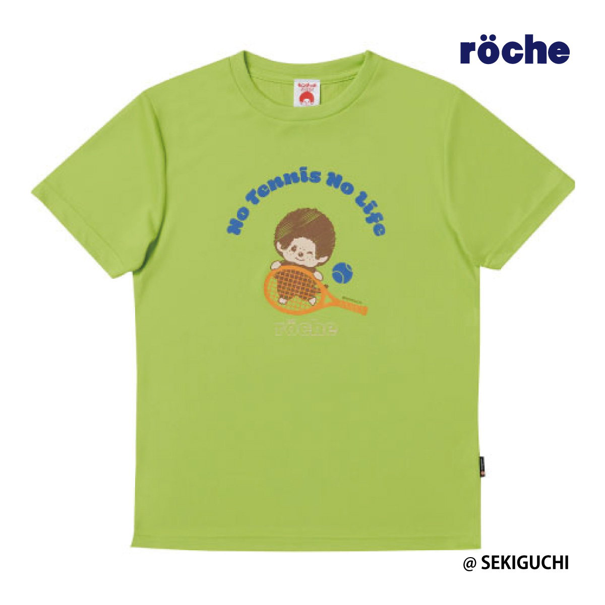 【ポスト投函対応】モンチッチrocheコラボTシャツ  ライトグリーン　M0071　ユニセックス　2024SS　抗菌・防臭　吸汗速乾　UV(UPF50)　テニスウェア　バドミントン　ソフトテニス