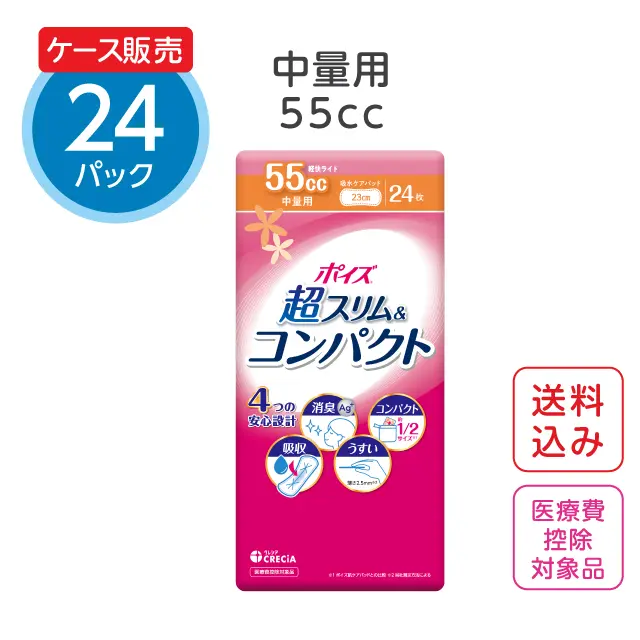 尿漏れパッド 超スリム&コンパクト【55cc】中量用 24枚×24パック ポイズ 肌ケアパッド