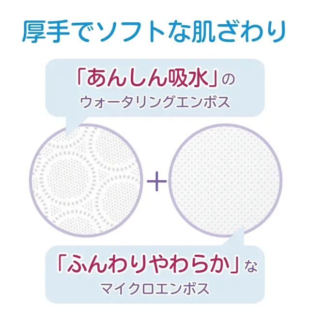 安心吸水のウォータリングエンボスとふんわりやわらかなマイクエンボス