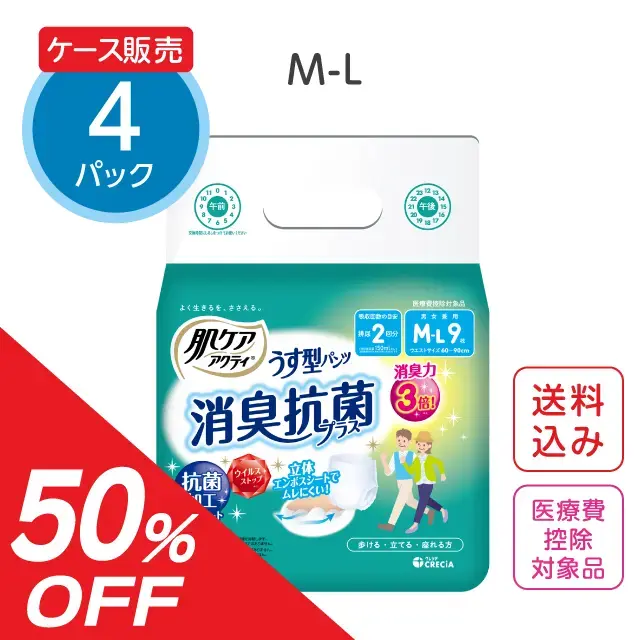 大人用紙おむつ うす型パンツ消臭抗菌プラス 2回分吸収【M-Lサイズ】 肌ケアアクティ