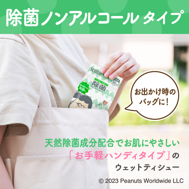 天然除菌成分配合でお肌に優しい、ハンディタイプのウェットティシュー