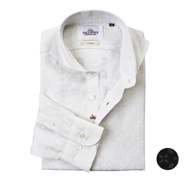 【美品】GALLIPOLI リネン ホワイトシャツ 48 ジオメトリック小紋プリントリネンシャツ MENS SHIRT GALLIPOLI