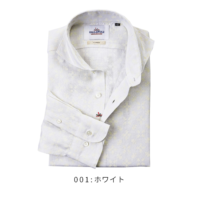 【美品】GALLIPOLI リネン ホワイトシャツ 48 ジオメトリック小紋プリントリネンシャツ MENS SHIRT GALLIPOLI