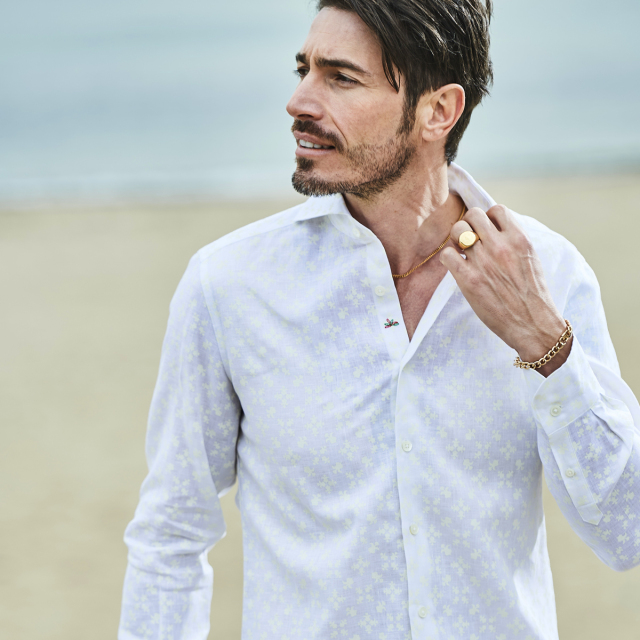 【美品】GALLIPOLI リネン ホワイトシャツ 48 ジオメトリック小紋プリントリネンシャツ MENS SHIRT GALLIPOLI