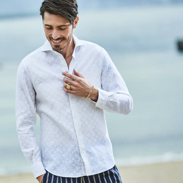 【美品】GALLIPOLI リネン ホワイトシャツ 48 ジオメトリック小紋プリントリネンシャツ MENS SHIRT GALLIPOLI