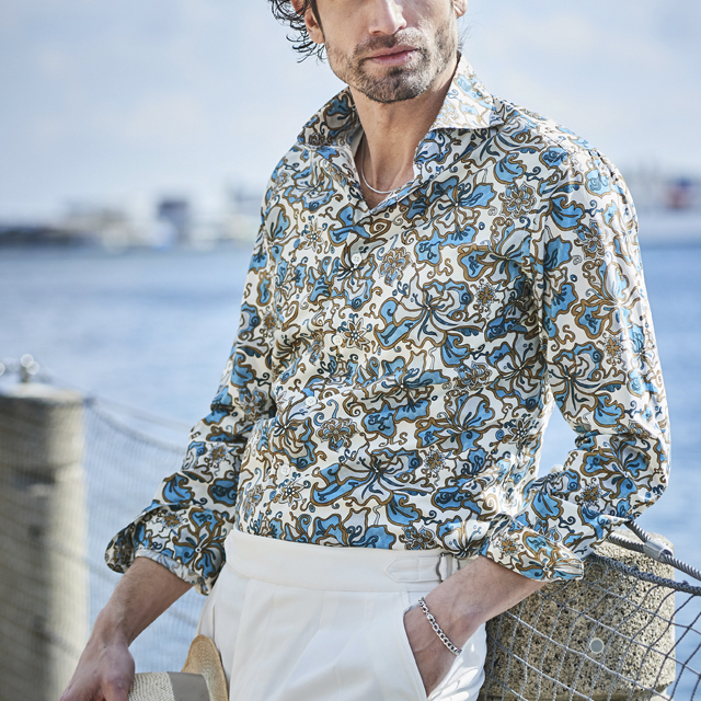【英国LIBERTY 】花柄長袖シャツ 水仙柄M LIBERTY/リバティ フラワー柄長袖シャツ MENS SHIRT GALLIPOLI