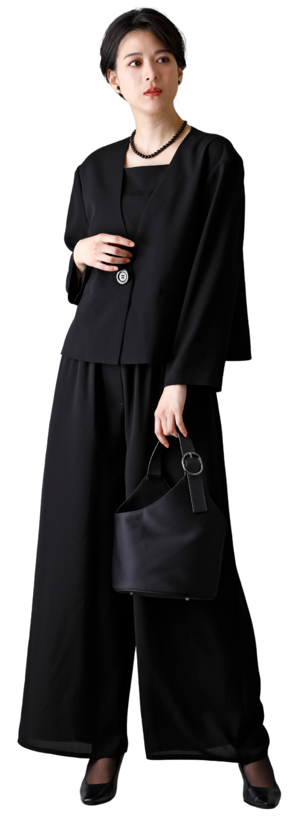 【自宅で洗える】夏用2Pパンツスーツ ブラックフォーマル 洗える 前開き 春秋対応 9-11号 /M-L <26-401002>
