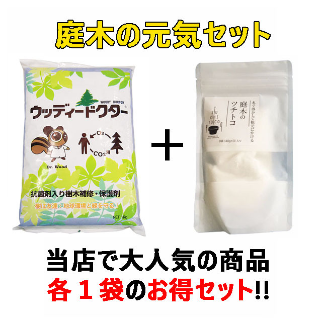 【庭木の元気セット１】ウッディードクター１袋＋庭木のツチトコ１２０g １袋　殺菌剤入樹木補修・保護剤 　木の空洞(うろ)に  弱った木に　木の代謝改善に