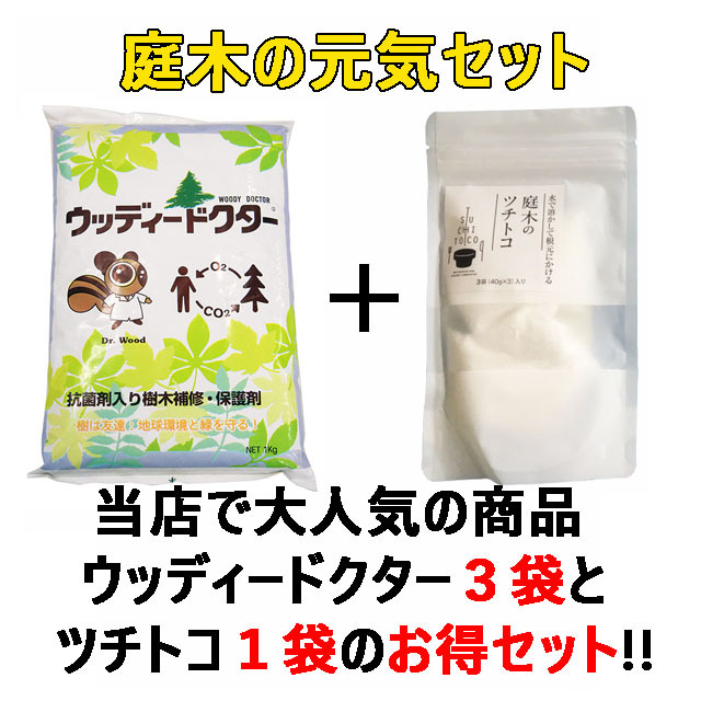 【庭木の元気セット３】ウッディードクター３袋＋庭木のツチトコ１２０g １袋　殺菌剤入樹木補修・保護剤 　木の空洞(うろ)に  弱った木に　木の代謝改善に