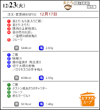 健康倶楽部プレミアム12月23日のメニュー
