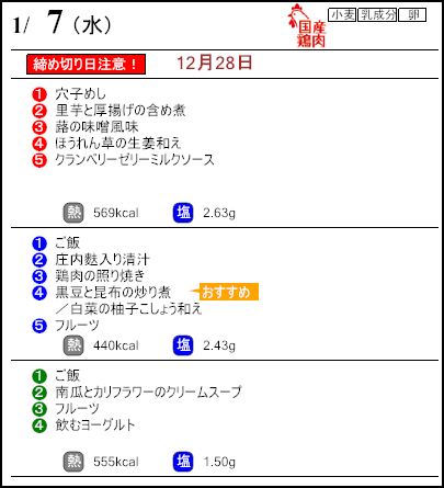 健康倶楽部プレミアム１月7日のメニュー
