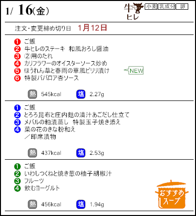 健康倶楽部プレミアム１月16日のメニュー