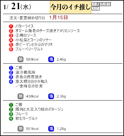 健康倶楽部プレミアム１月21日のメニュー