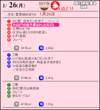 健康倶楽部プレミアム１月26日のメニュー