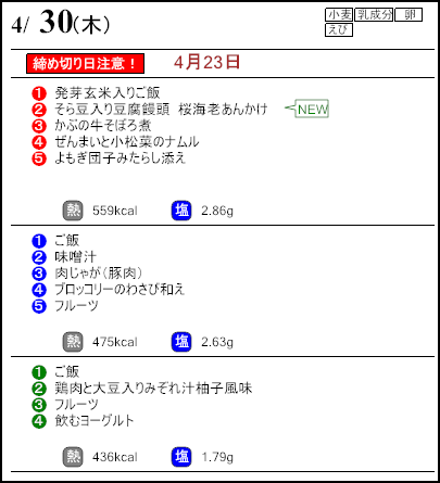 健康倶楽部プレミアム4月30日のメニュー