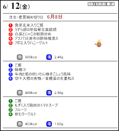健康倶楽部プレミアム6月12日のメニュー