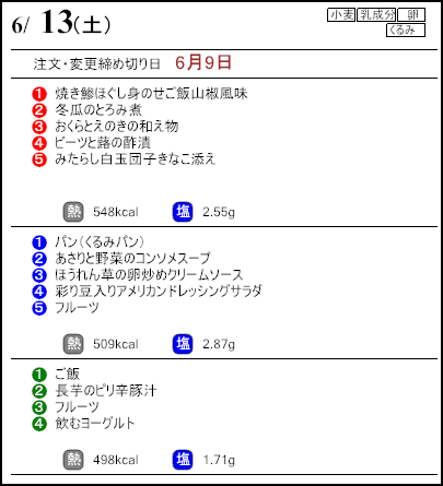 健康倶楽部プレミアム6月13日のメニュー