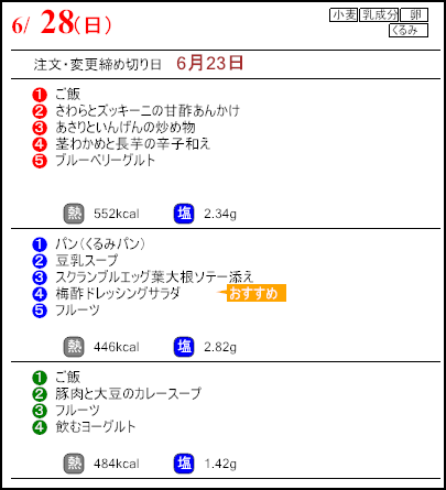 健康倶楽部プレミアム6月28日のメニュー