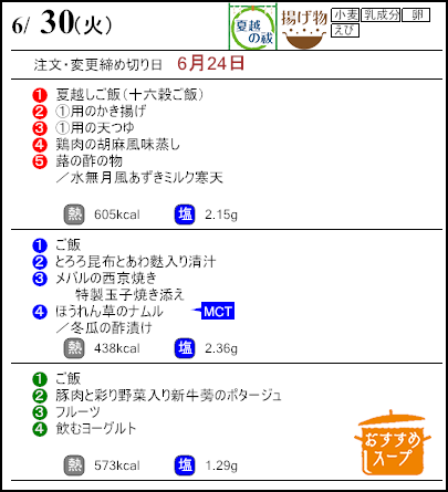 健康倶楽部プレミアム6月30日のメニュー