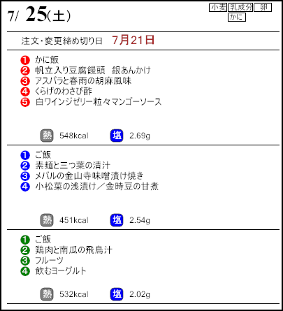 健康倶楽部プレミアム7月25日のメニュー