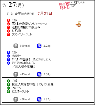 健康倶楽部プレミアム7月27日のメニュー