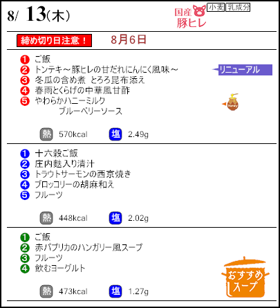 健康倶楽部プレミアム8月13日のメニュー