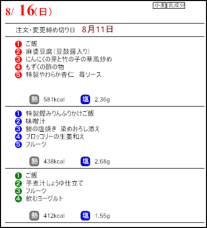 健康倶楽部プレミアム8月16日のメニュー