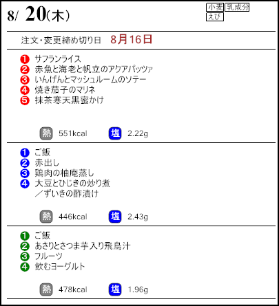 健康倶楽部プレミアム8月20日のメニュー