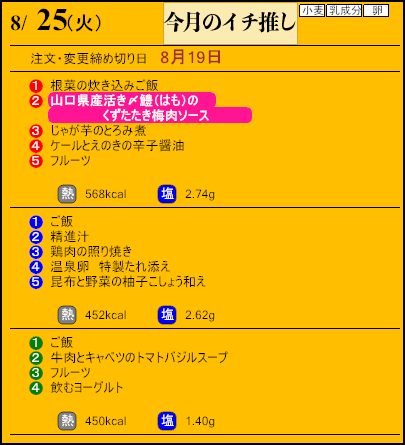 健康倶楽部プレミアム8月25日のメニュー