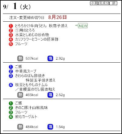 健康倶楽部プレミアム9月1日のメニュー