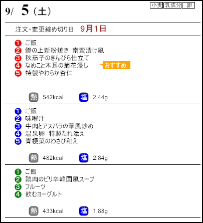 健康倶楽部プレミアム9月5日のメニュー
