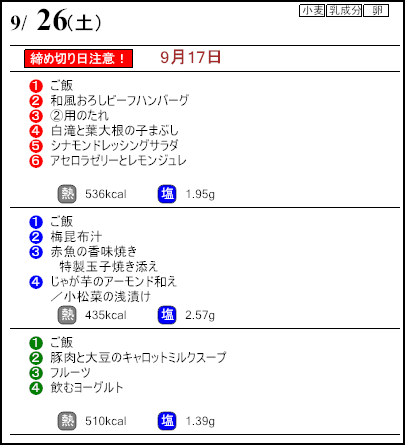 健康倶楽部プレミアム9月26日のメニュー