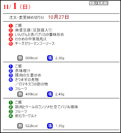 健康倶楽部プレミアム11月1日のメニュー