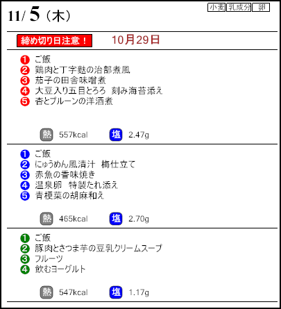 健康倶楽部プレミアム11月5日のメニュー