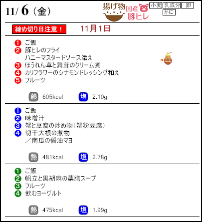 健康倶楽部プレミアム11月6日のメニュー