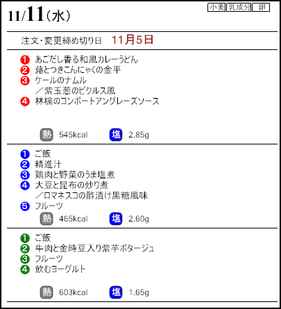 健康倶楽部プレミアム11月11日のメニュー